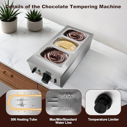 3 Tanks Chocolate Melting Pot, 1200W Commercial Chocolate Tempering Machine with Lid, Digital Temperature Control 86°f-185°f, 1.8QT x 3 Stainless Steel Tanks Food Warmer for Candy Cheese Sauce Making
