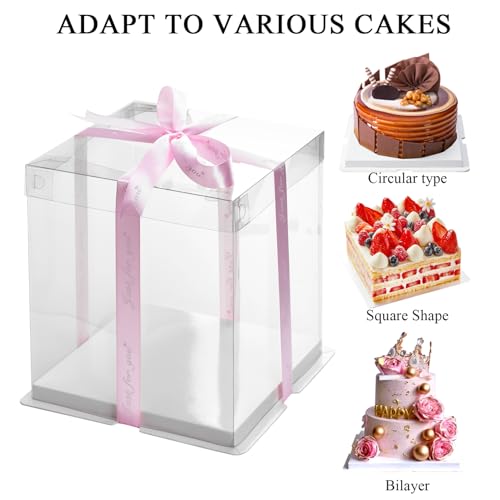 BURLIHOME 8x8x10 Clear Cake Boxes,Square Cake Carrier with Ribbon,5 Pack