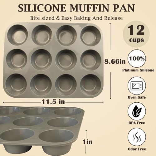 12 Cups Silicone Mini Muffin Pan Set, Nonstick Mini Cupcake Pans, BPA Free Small Muffin Tin for Baking, Set of 2 (Gray+Gray) - color: Set of 2--12 Cups (Grey+Grey)