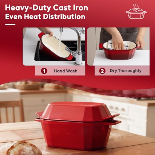 Enameled Cast Iron Dutch Oven for Bread Baking – 3QT Oval Round Heavy Duty Bread Pan with Lid, Non-Stick Ceramic Coating,Loaf Cast Iron Bread Oven for Sourdough, Baking, Roasting, Braising, Stovetop & Oven Safe - color: Red