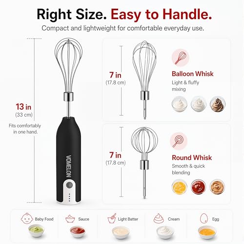 Electric Hand Mixer Whisk | Wireless Rechargeable Handheld Egg Beater with 2 Stainless Steel Mixing Heads | Portable Kitchen Hand Mixer for Egg, Milkshake Cream, Cake, Baking & Cooking-Black - color: Black