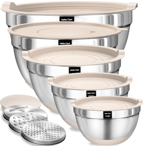 Heavy-Duty 5QT Large Mixing Bowls with Lids Set, Non-Slip Silicone Base - color: Khaki
