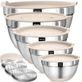 Heavy-Duty 5QT Large Mixing Bowls with Lids Set, Non-Slip Silicone Base - color: Khaki