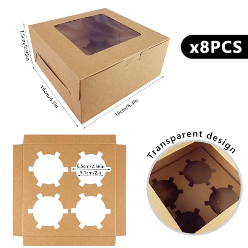 6x6x3Inch Cupcake Boxes with Window, 8 PCS Cookie Bakery Boxes,Brown - color: Brown