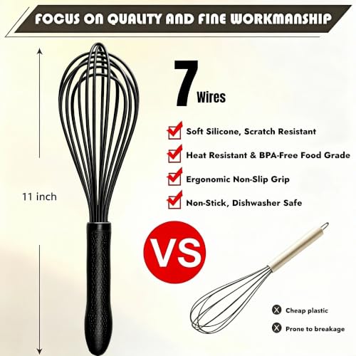 TEEVEA Silicone Whisk 11 Inch, Nonstick Heat Resistant for Cooking Baking - color: Black