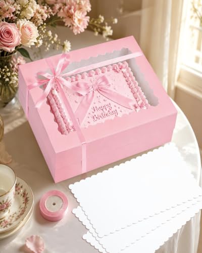 14"x10"x4" Sheet Cake Box, Pink Quarter Bakery Box with Boards 6 Sets - color: Pink, size: 6 Sets, 14"x10"x4"