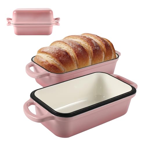 9 x 5 Inch Bread Pan Enameled Cast Iron Loaf Pan with Lid for Baking Pink - color: Pink