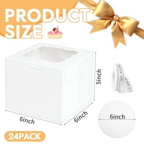 JCD 48pcs Bakery Boxes with Window,6x6x5in Small Bento Cake Box, Mini Cake Boxes sets cake within 6'' (24 Boxes & 24 Boards), Package for Pastries, Cupcakes, Birthday, Wedding(6 * 6 * 5inch/24sets) - size: White 6*6*5inch/24sets