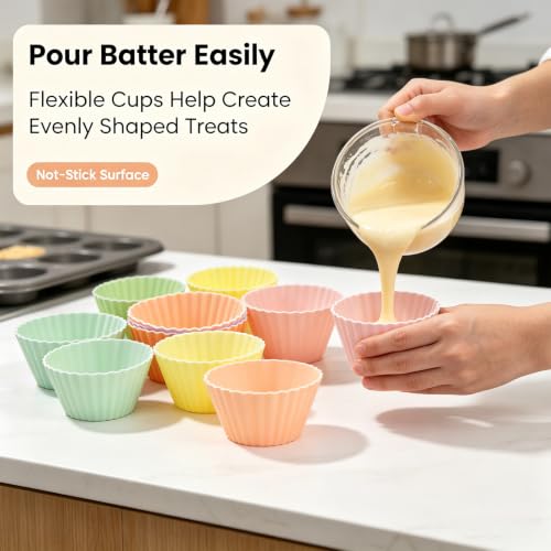 12 Pack Silicone Baking Cups, 6 Colors Silicone Muffin Liners Reusable - color: Macaron