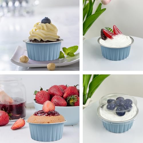 100Pcs Aluminum Cups with Lids,5oz Disposable Ramekin Baking Cups Muffin Liners Mini Pie Pans Foil Cupcake Containers for Christmas Party Wedding Party,Sky Blue - color: Sky Blue