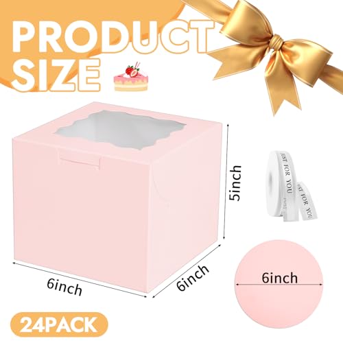 JCD 48PCS 6x6x5 Inches Cake Boxes,(24 Boxes &24 Boards) Pink Bakery Boxes with Window for Pastries,Cake Containers with Ribbon for Christmas Wedding Birthday Party (Pink/6 * 6 * 5inch/24pcs) - size: Pink 6*6*5inch/24sets