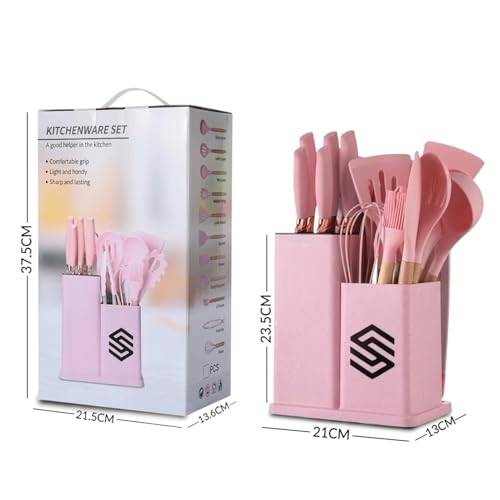 19 PCS Pink Silicone Cooking Utensils Set with Wooden Handle & Knife Set Block, Heat-Resistant Spatula, Spoon, Ladle, Whisk with Holder – BPA Free, Silicone Kitchen Utensil Set for Cooking & Baking - color: Pink