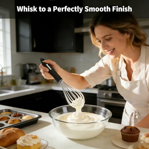 Anaeat Stainless Steel Kitchen Whisk Set of 4, Milk and Egg Beater Blender with Thick Wire for Whisking, Cooking, Baking, Beating and Stirring - 11'' Flat Whisk and 9''+11''+12'' Balloon Whisks - color: 4 Pcs Silver, size: 9+11+12 &11 inch