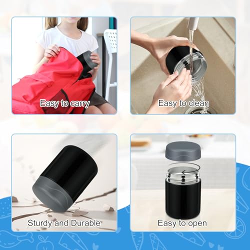 wiwens 12oz 2 Pack Insulated Food Jar Set for Kids Soup Thermo Hot Food Lunch Container Wide Mouth Leak Proof Stainless Steel Vacuum Bento Box for School Office Travel Outdoors - color: Black*2
