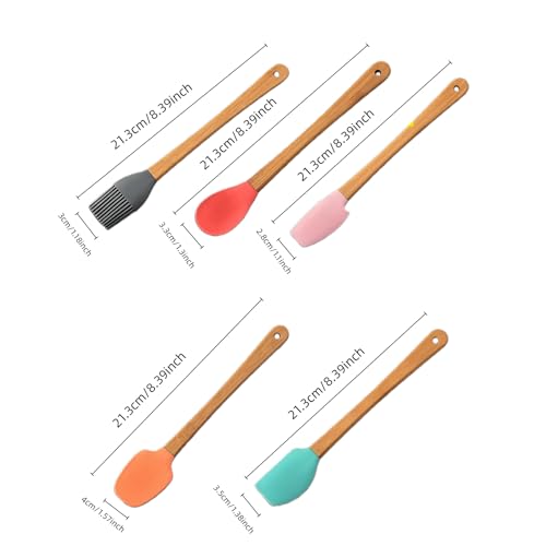 5 Piece Silicone Spatulas,Mini Rubber Spatula Bamboo Handle,Heat Resistant Silicone Set,Non-Stick Kitchen Utensils For Baking,Cooking and Stir(colorful)