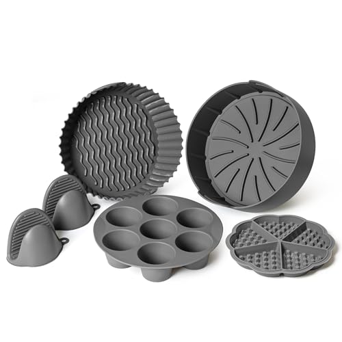 EM Set of 5 Silicone Air Fryer Liners with Egg Bite Mold, Waffle Mold & Mitts - 8.7” Round Reusable Silicone Inserts for 5-7 Qt Airfryers - Easy to Clean & Heat-Resistant Air Fryer Accessories Set - size: 5-Pack 8.7 in Liners for 5-7 Qt