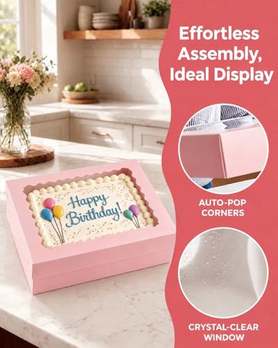 14"x10"x4" Sheet Cake Box, Pink Quarter Bakery Box with Boards 6 Sets - color: Pink, size: 6 Sets, 14"x10"x4"