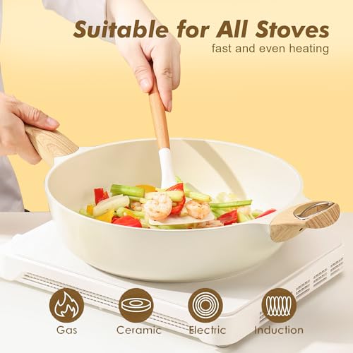 SENSARTE Ceramic Nonstick Frying Pan Skillet with Lid, 13.3 Inch Large Deep Frying Pan, 6 QT Saute Pan, Induction Pan, Healthy Non Toxic Cooking Pan with Helper Handle, PFOA PFAS PTFE Free - color: Ceramic White, size: 6QT / 13.3IN
