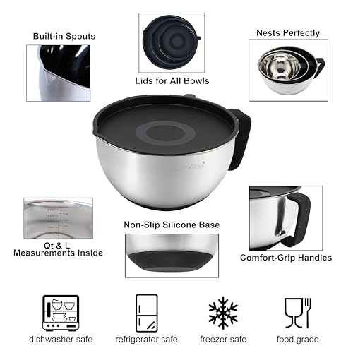 Rorence Stainless Steel Mixing Bowls Set with Lids,1.5,3 & 5 Qt,Black - color: Black, size: 3 piece