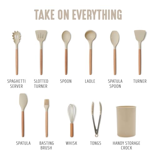 GreenLife 11 Piece Silicone Utensil Crock Set, Nonstick Kitchen Tools, Ladle, Turner, Slotted Turner, Spatula, Spoon, Spaghetti Server, Brush, Whisk, Tongs, Crock, Taupe - color: Taupe