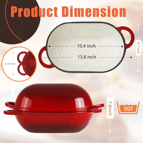 5 QT Enameled Cast Iron Sourdough Bread Oven, Loaf Pan with Lid - color: Red, size: 5 QT