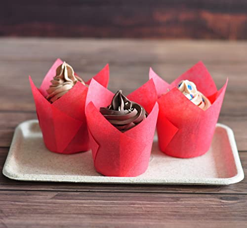 Red colour Large size Tulip Baking Cups 2-1/4"(Base diameter) x 4"(Wall height) Greaseproof paper baking cupcake Muffin liners, Case of 130 pcs - color: Red