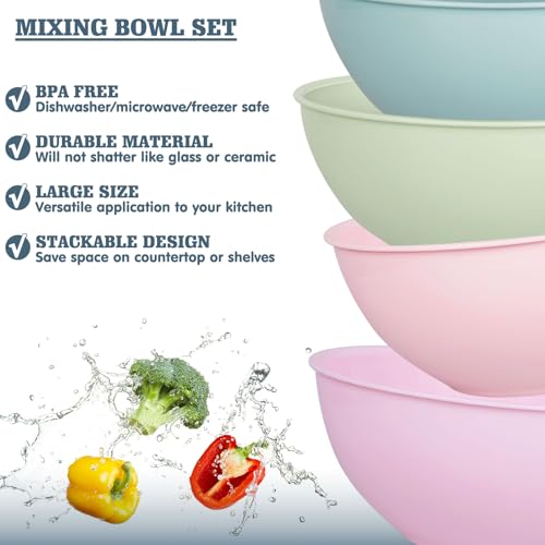 Greentainer 4-Piece Plastic Mixing Bowl Set, 113oz Lightweight Serving Bowls, Large Salad Bowls for Baking,Prepping, Cooking and Serving Food, Dishwasher & Microwave Safe - color: Pink-10in without lids