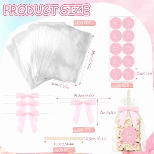 100 Sets Clear Rice Krispie Treat Bags with Pink Bow Ties, Thank You Stickers and Sticks, 4x6in Rice Crispy Treat Bags Flat Cellophane Bags for Individually Wrapped Rice Crispy Cake Pops Cookie Candy Chocolate