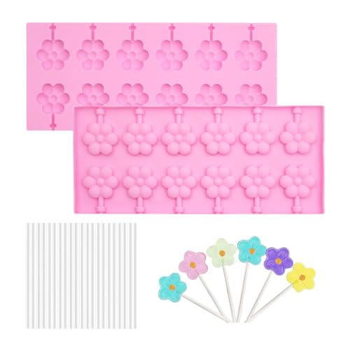 12 Cavities Flower Pink Silicone Lollipop Molds,Hard Candy Chocolate Sucker Mold with 20pcs Sucker Sticks - color: Flower