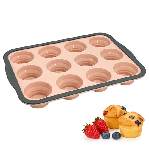 Silicone Muffin Pans for Baking with Metal Frame, 12-Cup Silicone Muffin Pan, BPA-Free Nonstick Coating, Easy Release & Clean, Oven & Dishwasher Safe ,Versatile for Baking, Custards & Cupcakes(Pink) - size: 12-Cup