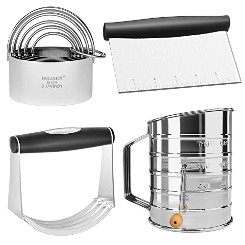 HULISEN 5-Pc Biscuit Cutters, Flour Sifter, Pastry Scraper, Dough Blender - size: 4 Pcs Pastry Cutter Set with 3 Cup Flour Sifter
