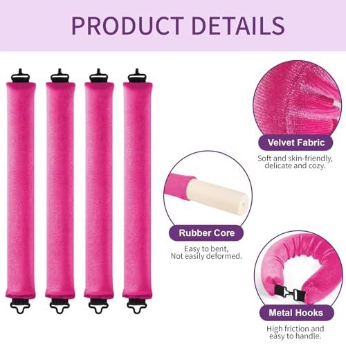 Heatless Curls Overnight Hair Curlers - 4 Pcs No-Heat Curling Rod to Sleep In,Velvet Hair Rollers with Satin Wrap - color: Rose Red(Pack of 4)