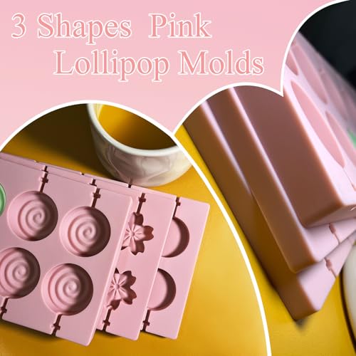 303Pcs Lollipop Mold Kit, CHELIZIYA 3 Shapes Pink Silicone Candy Molds