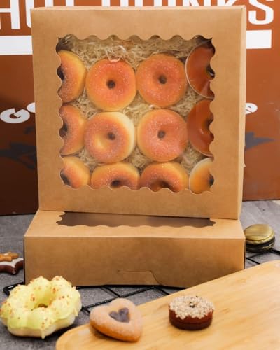 qiqee 10x10x2.5 Inch Brown Pie Boxes with Window 12Packs Cookie Donut Bakery Box (Auto-pop Up) - color: 12Packs, Brown