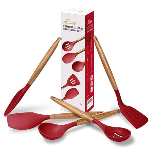 Kitchen Utensils Set, Silicone Cooking Utensils Set,Non-Stick Silicone Spatula Set with Natural Acacia Hard Wood Handle, 5 Piece, Upgraded Thickened Cookware - color: Red