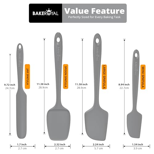 BakeRoyal Silicone Spatula Set, 600°F Heat Resistant, 4 Piece BPA-Free Food Grade Silicone Kitchen Utensils Set for Baking, Cooking & Mixing, Non Stick Silicone Cooking Utensils Set - Gray - color: Gray