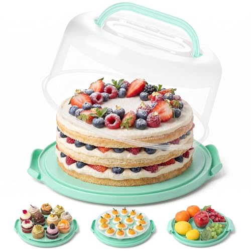HANSGO Cake Carrier with Lid and Handle, Extra Deviled Egg Containers, Cake Holder for 10 inch Cakes with 2 Handles, 11 Capacity Cupcake Carrier, Two Sided Base for Nuts, Fruits, Muffins, Pies, Pizza