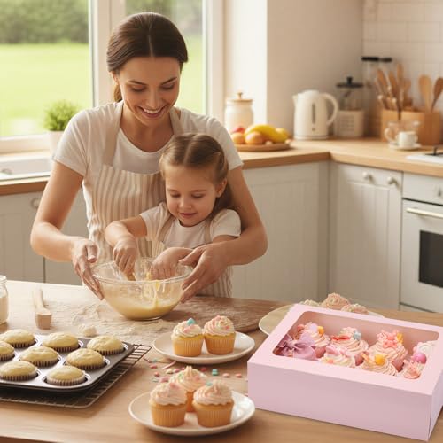 Moretoes 7PCS Pink Cupcake Boxes with Window(12 Count Cupcake Containers) - color: Pink, size: 12.8*10*3.5inch