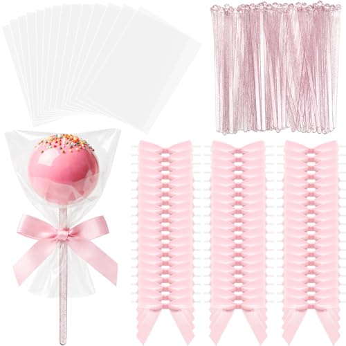 LemonRoad 320 Pcs Cake Pop Sticks and Wrappers Kit Treat Bags with Sticks Glitter Bows and Twist Ties for Mothers Day Lollipops Candies Chocolates Cookies Wedding Baby Shower Party Favor(Pink) - color: Pink