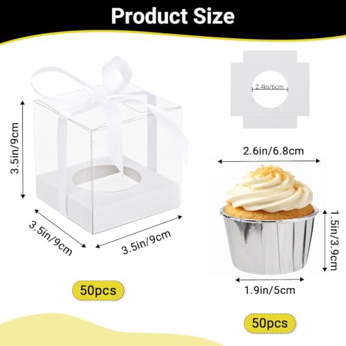 EUSOAR Cupcake Boxes Individual with Silver Cupcake Liners, 50pcs 3.5 Inch Cupcakes Holder and 50pcs 3.5oz Muffin Cups, Dessert Pastry Box Disposable Cupcakes Carrier for Wedding Party Favor Bakery - color: White/Silver