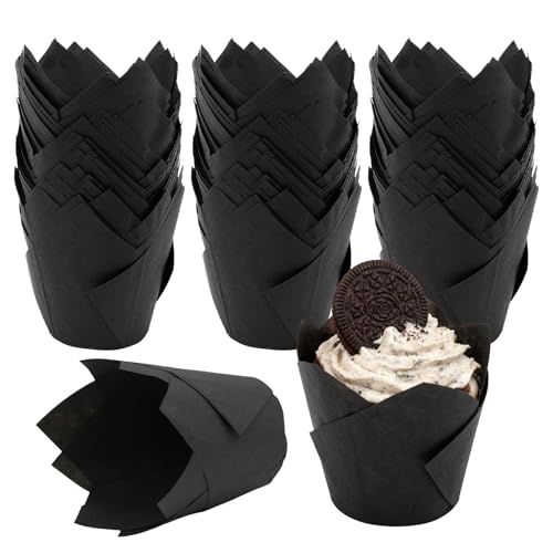 150 Pack Black Tulip Cupcake Liners, Greaseproof Baking Cups - color: Black