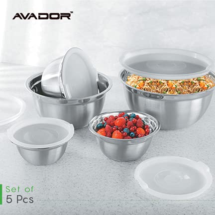 AVADOR Premium Stainless Steel Mixing Bowls with Lids, Set of 5 Brushed Stainless Steel Mixing Bowl Set, Easy To Clean, Space Saving, Great for Cooking, Baking, Prepping (0.25qt, 1qt, 1.5qt, 3qt, 5qt)