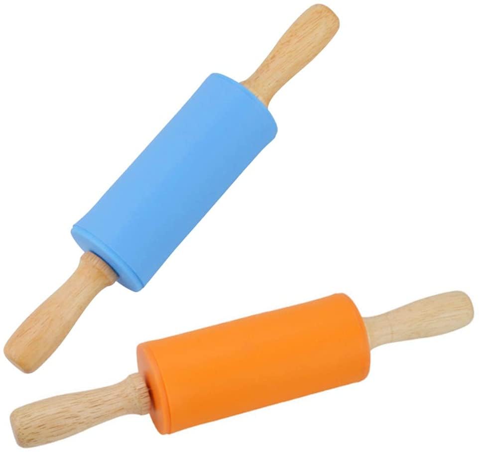 Mini Silicone Rolling Pin for Kids, Non-stick Surface Wood Handle, 9 Inch 2 Pack - color: Blue-Orange, size: 2 PACK