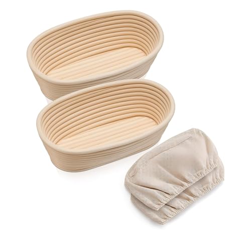 Oval Bread Proofing Basket, 10 inch Sourdough Proofing Bowls with Liners, Handmade Rattan Baskets for Bread Making Baking Fermentation - Set of 2