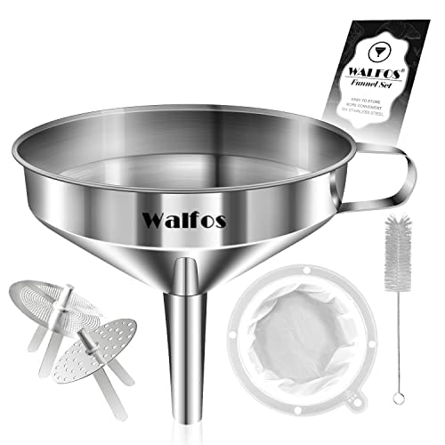 Stainless Steel Funnel, Walfos Kitchen Funnel with 2 Removable Strainer ＆ 1Pc Cleaning Brush, Perfect for Transferring of Liquid, Oils, Jam, Dry Ingredients & Powder (Big, 4.9") - color: 1pcs 4.9in Stainless Steel