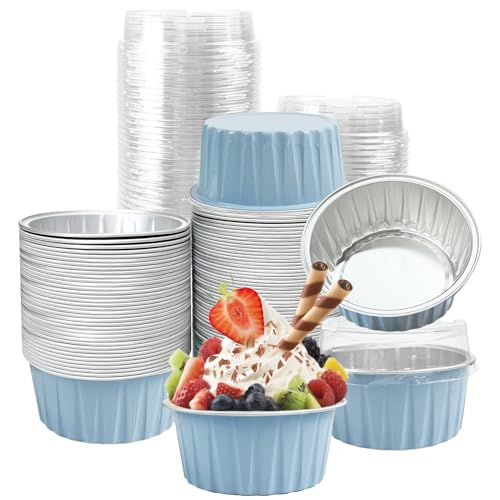 100Pcs Aluminum Cups with Lids,5oz Disposable Ramekin Baking Cups Muffin Liners Mini Pie Pans Foil Cupcake Containers for Christmas Party Wedding Party,Sky Blue - color: Sky Blue