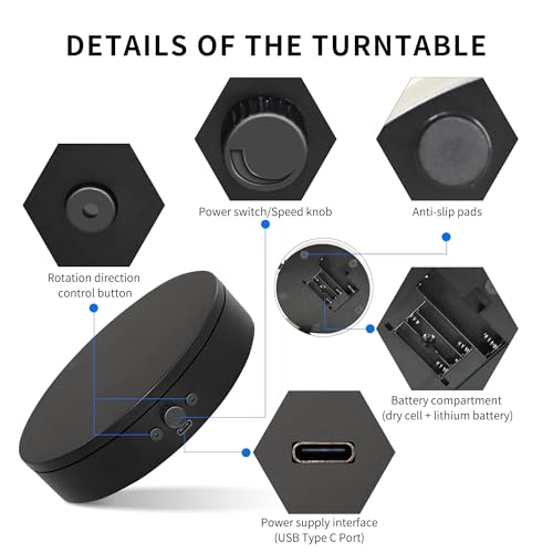 Rotating Display Stand,360° Silent Spinning Display Stand,Speed-adjustable Spinning Platform,Bidirectional Rotating Display Base,Multi-power Motorized Turntable For Photography(5.91inch/B) - size: 5.91inch/Black/11Lbs Load