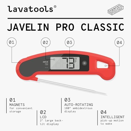 Lavatools Javelin® PRO Classic Ultra-Fast 2-Second Professional Digital Instant Read Meat Thermometer for Grill and Cooking, Auto-Rotating Backlit Display, IP65 Water Resistant, NSF Certified-Crimson - color: Crimson