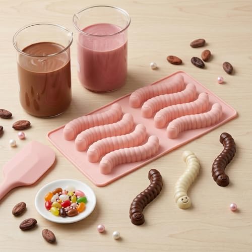 8 Cavity Worm Silicone Silicone Chocolate Molds Set Of 2 - color: Pink and Green