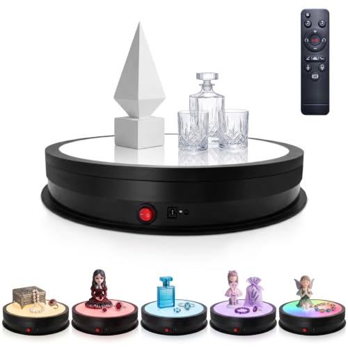 JAYEGT LED Light Base Non-Slip Rotating Display Stand , 110Lbs Load,360 Photography Turntable for Products Shows, Glass Crystal Artwork, Jewelry,Remote control(16.5inch / 6Color LED Light/Black/Wired) - color: Black, size: 16.5inch